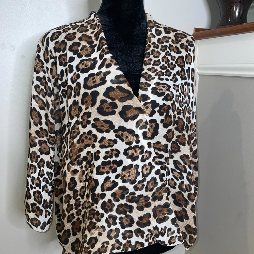 Two Arrows Animal Print 3/4 Sleeve High Low Wrap Blouse